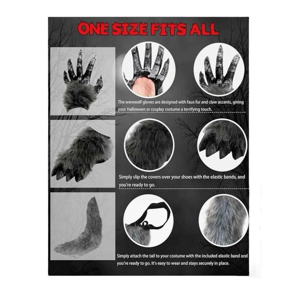 Boys Werewolf Costume with Light Up Mask Full Set Gloves, Shoe Covers, Tail - Picture 5 of 5